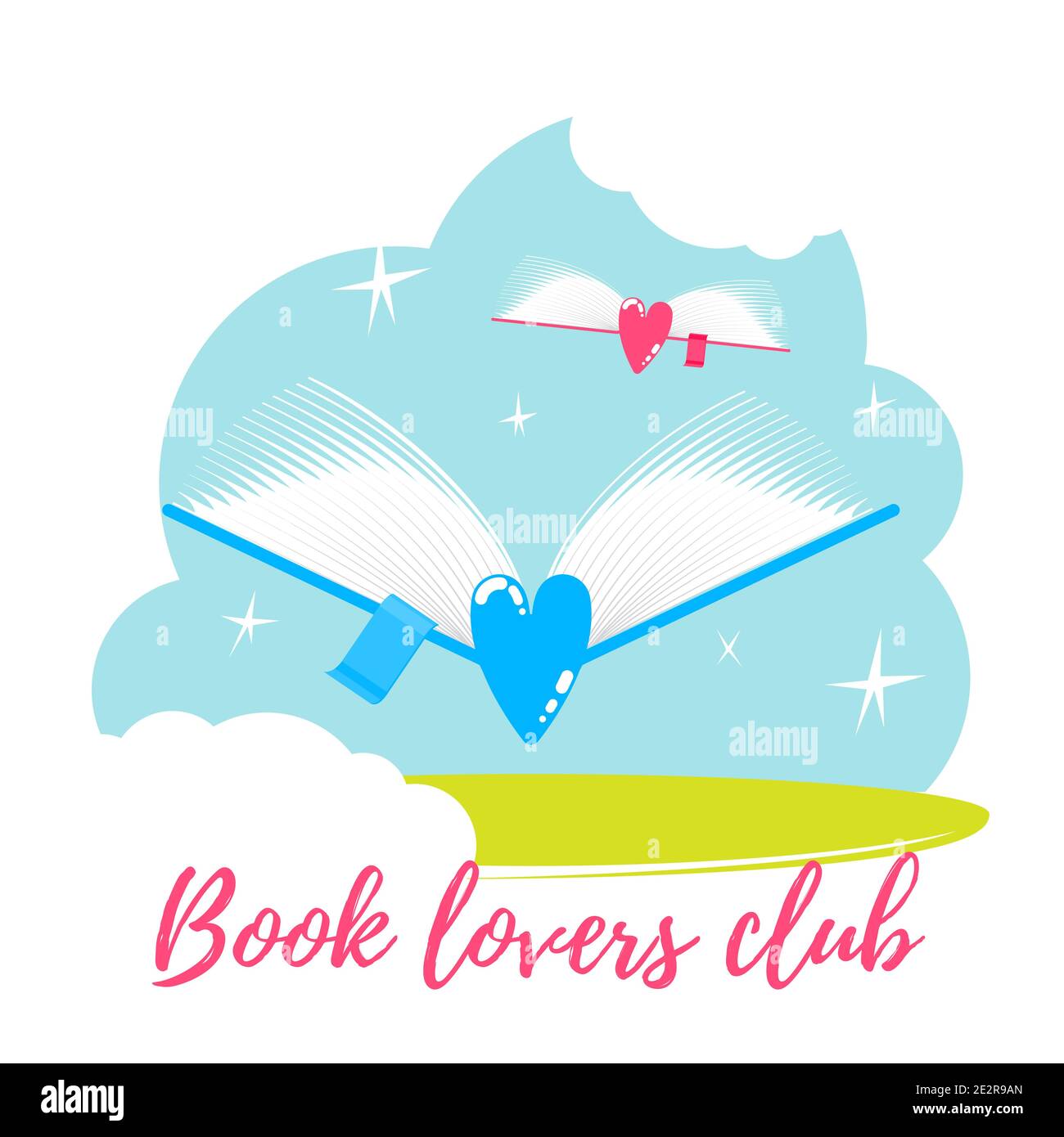 Modern Book Lover illustration. Flying books with hearts in the sky. Stock Vector