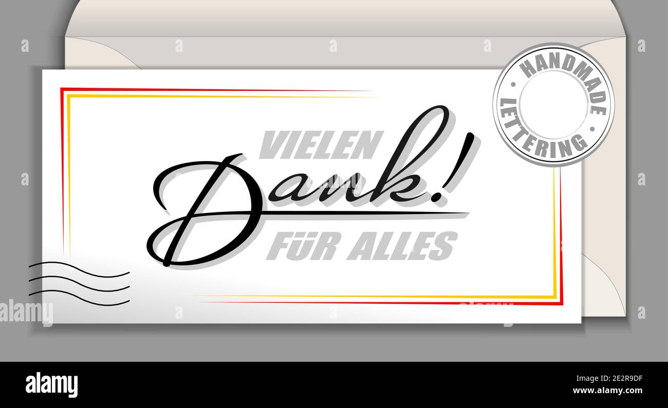 Handwritten lettering in Deutsch language Vielen Dank fur alles - Many thanks for everything. Vector calligraphy phrase Thank you very much isolated o Stock Vector