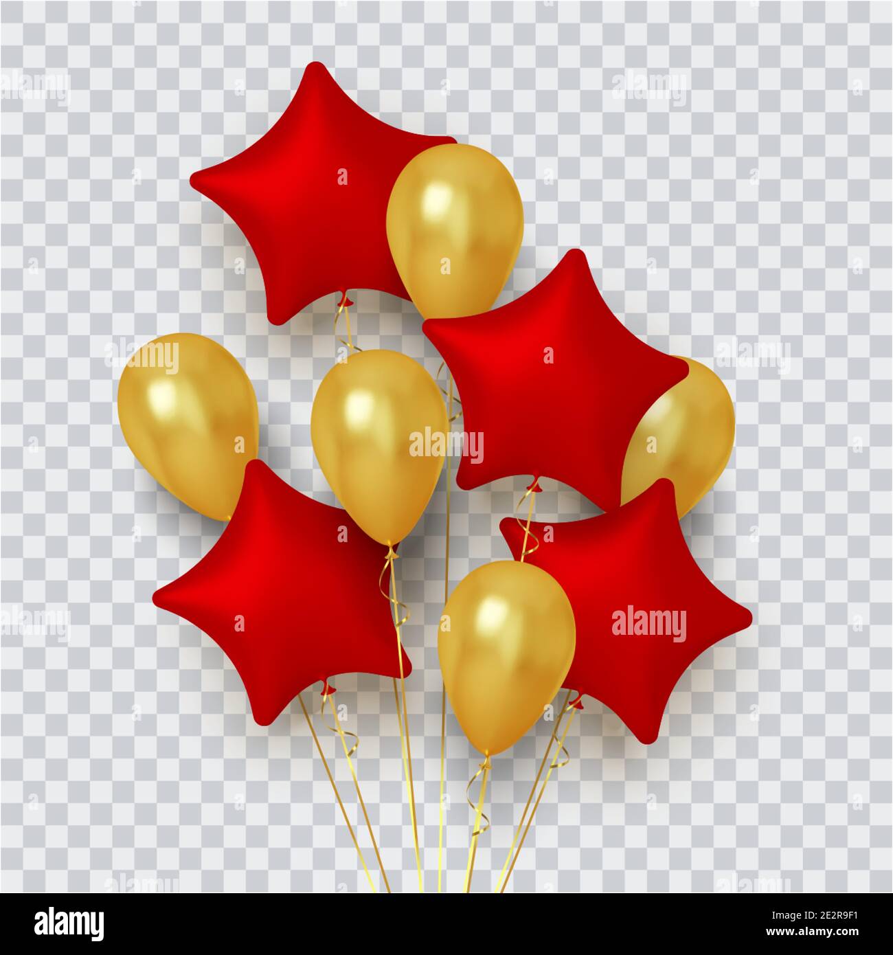 Realistic group of balloons in shape star of red and gold on ...