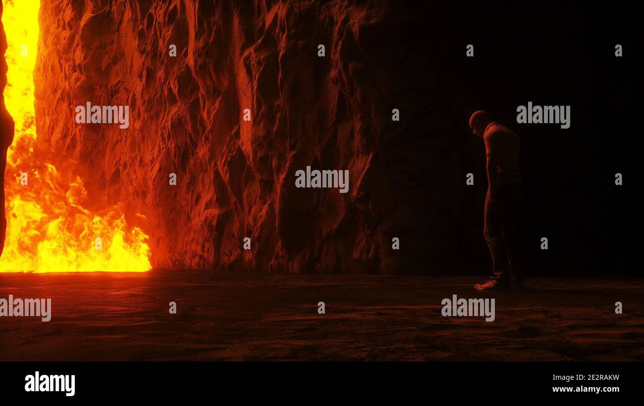 Sinner. A lonely sinfull man stands in front of a hell gates. Hell fire. Religious concept. 3d rendering. Stock Photo