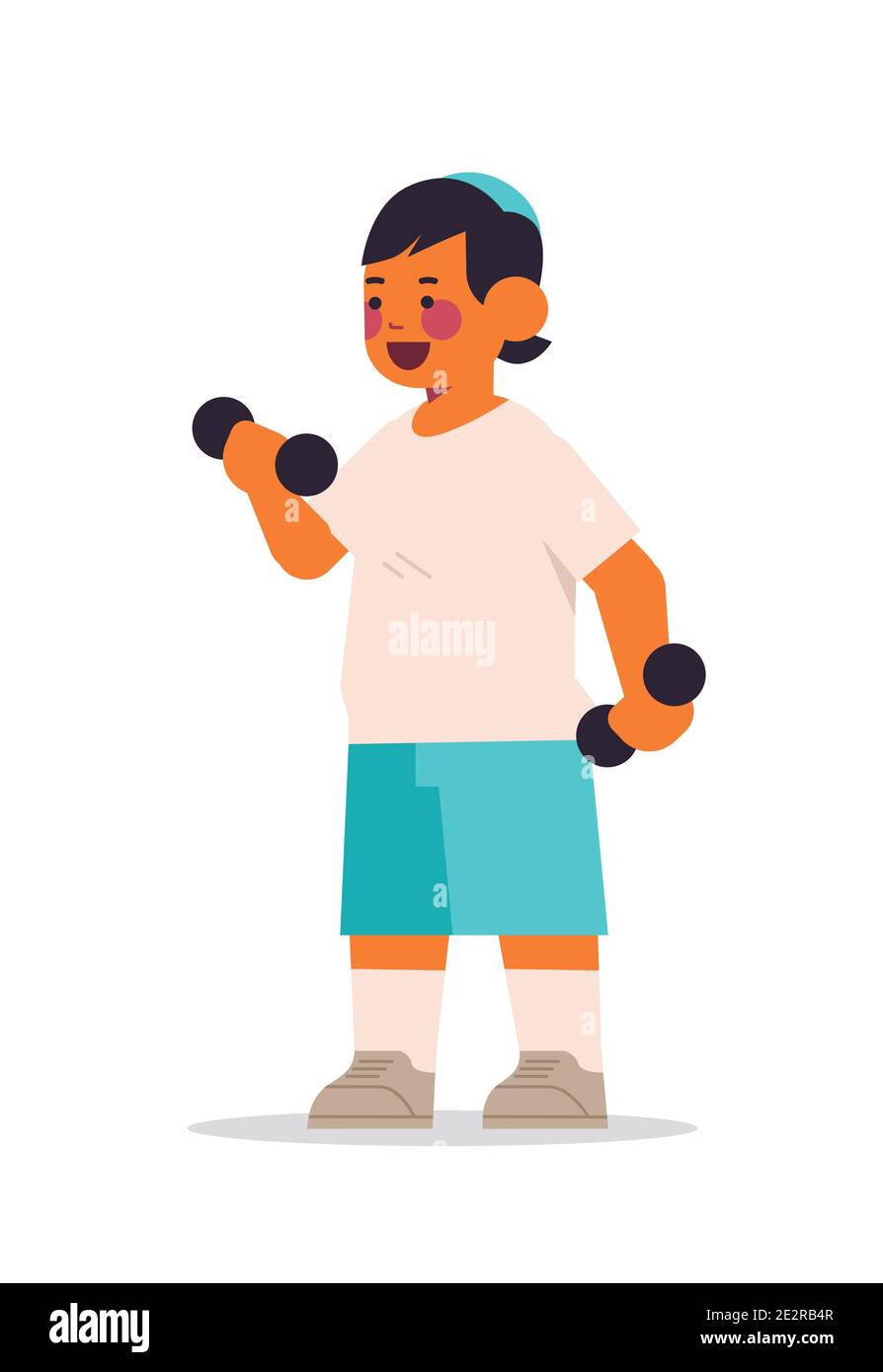 little arab boy doing physical exercises with dumbbells healthy lifestyle childhood concept full length isolated vertical vector illustration Stock Vector