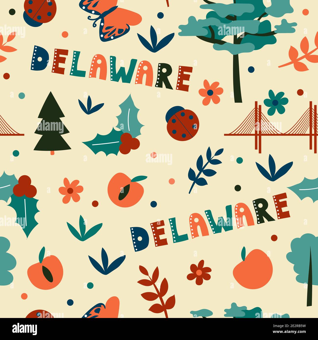 USA collection. Vector illustration of Delaware theme. State Symbols - seamless pattern Stock Vector
