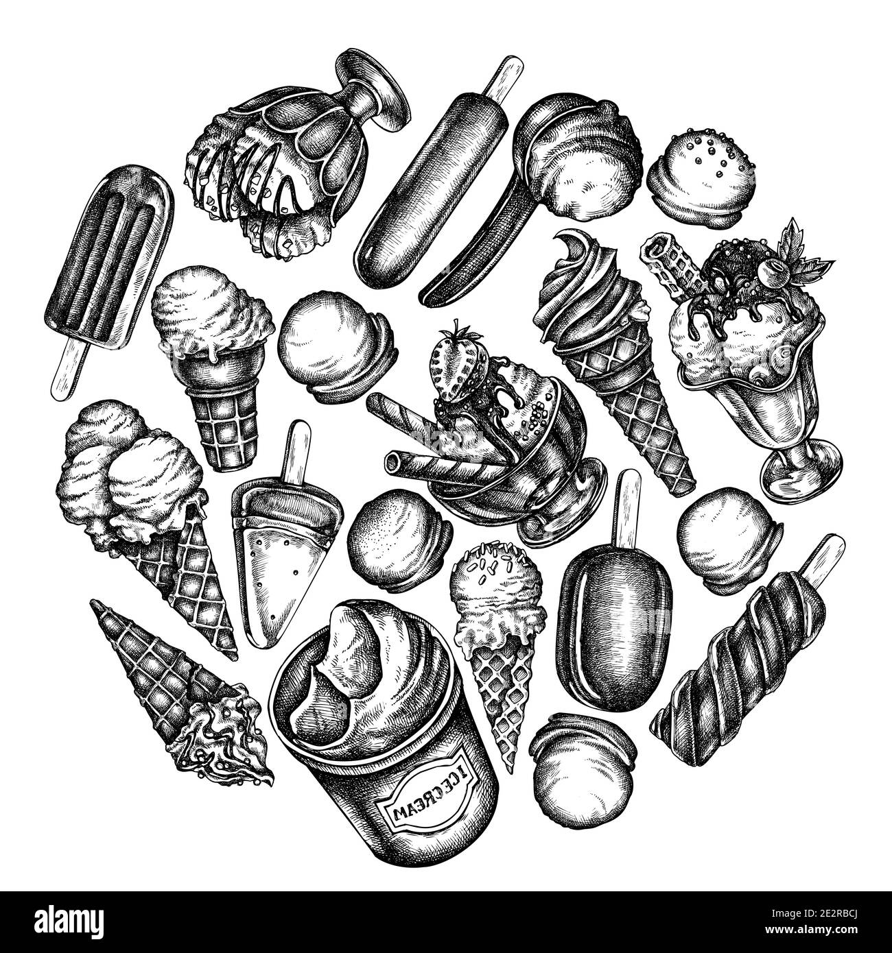 Round design with black and white ice cream bowls, ice cream bucket