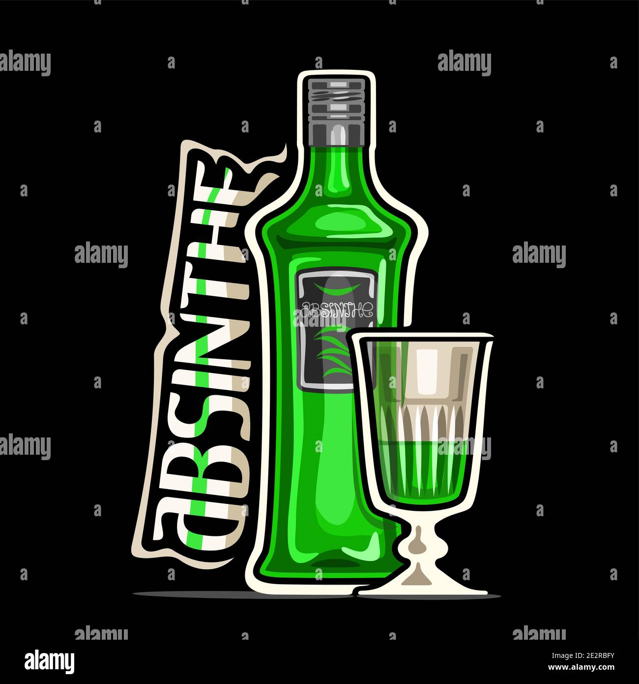 Vector logo for Absinthe, outline illustration of green classic bottle with decorative label and half full cartoon cordial glass, square placard with Stock Vector