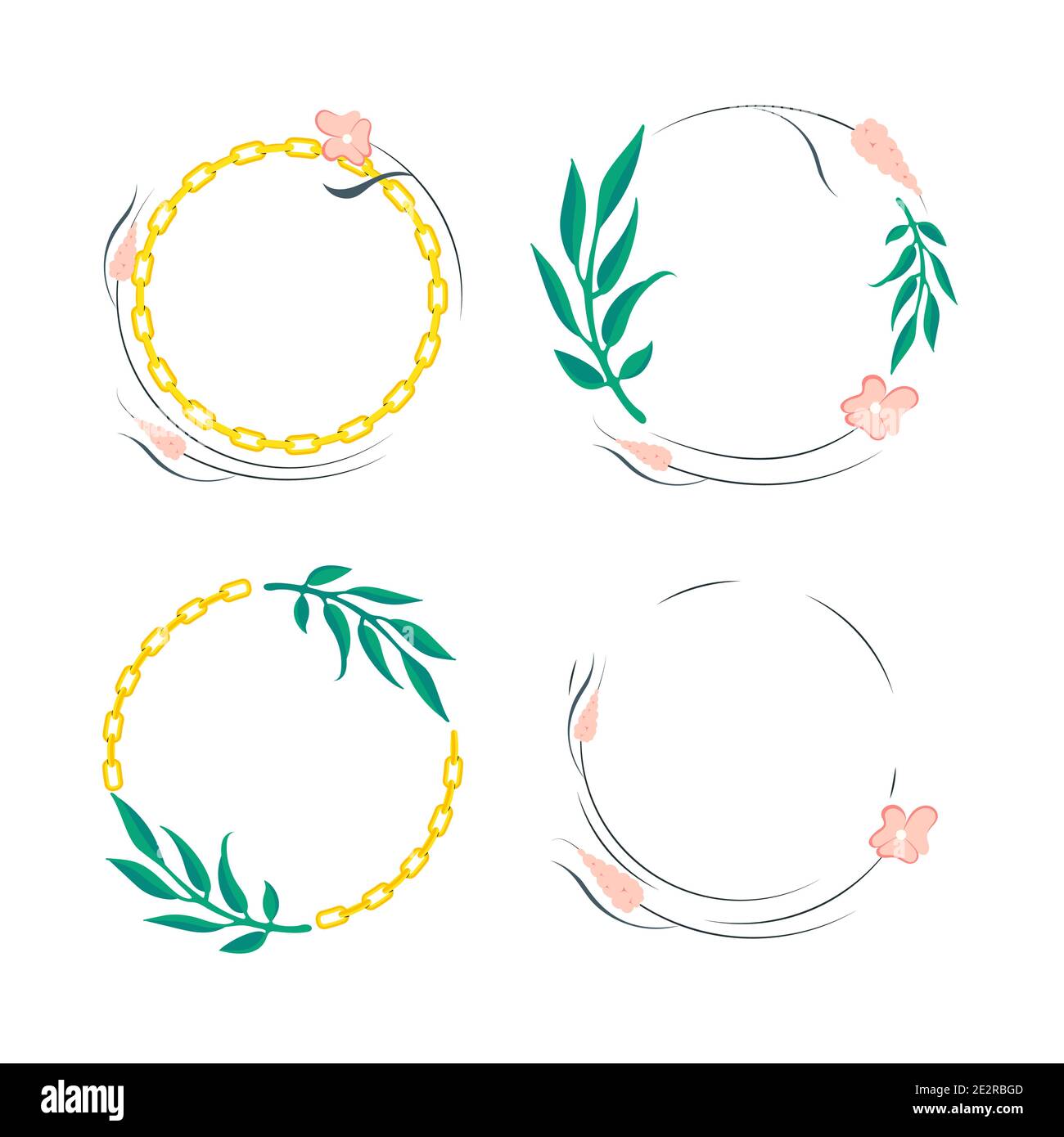 Set of flowers leaves round border frame with gold chain. Seamless