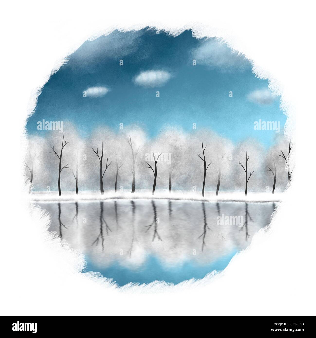 Watercolor winter landscape of forest and lake in white and blue tones. The illustration is framed. Stock Photo