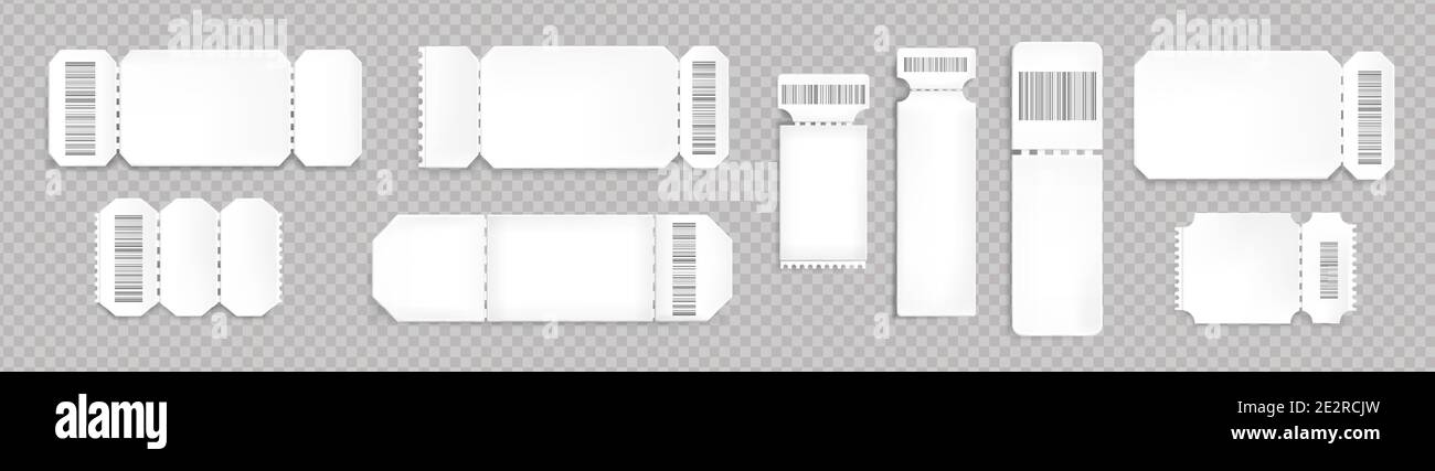 White blank ticket mockup realistic vector template isolated on