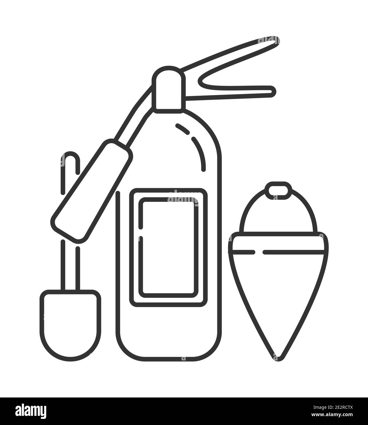 Fire extinguisher icon vector in outline style. Elements of extinguish fire, shovel, flare bucket are shown. Stock Vector
