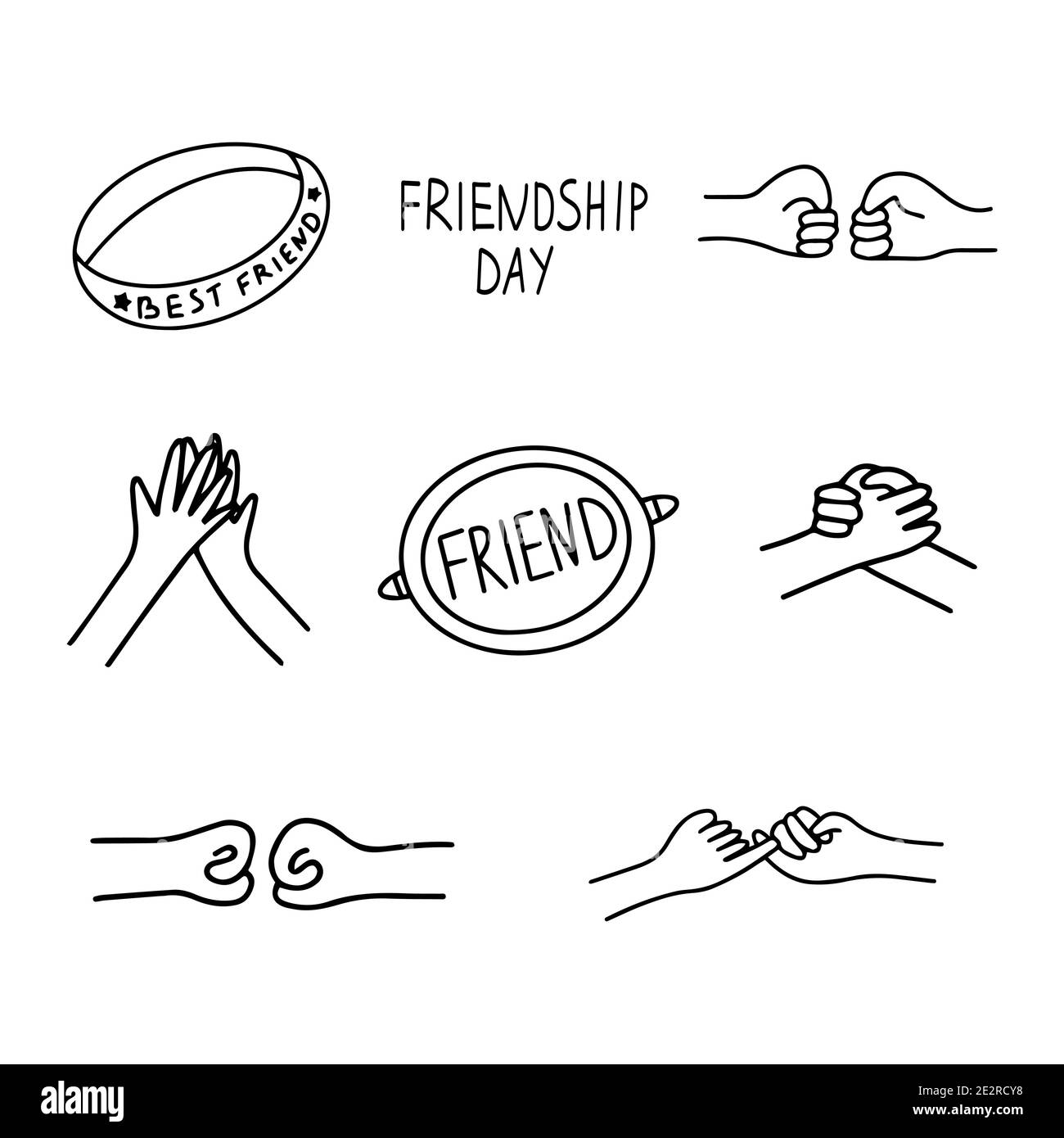 Set of icons on the theme of friendship. Handshake, greeting, friendship bracelet, badge with the inscription friend. Happy friendship day. Black and Stock Vector