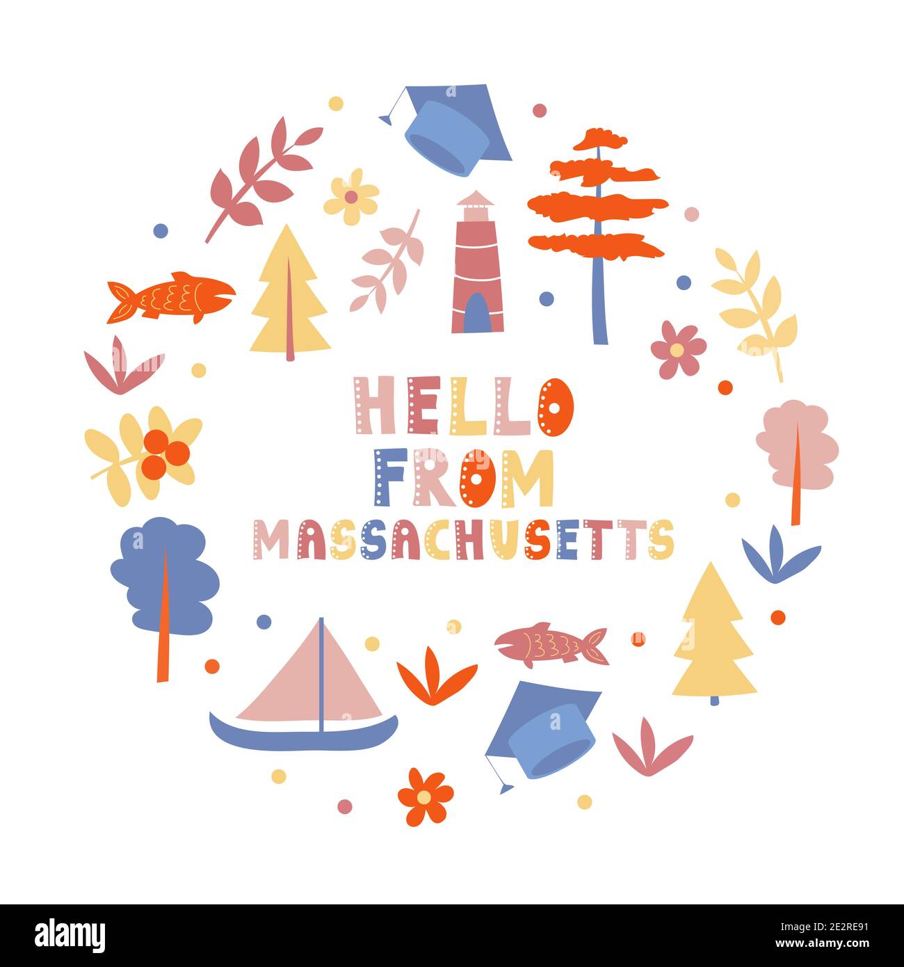 USA collection. Hello from Massachusetts theme. State Symbols round shape card Stock Vector