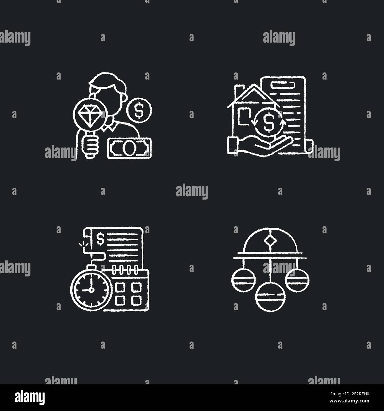 Collateral-based loans chalk white icons set on black background Stock Vector