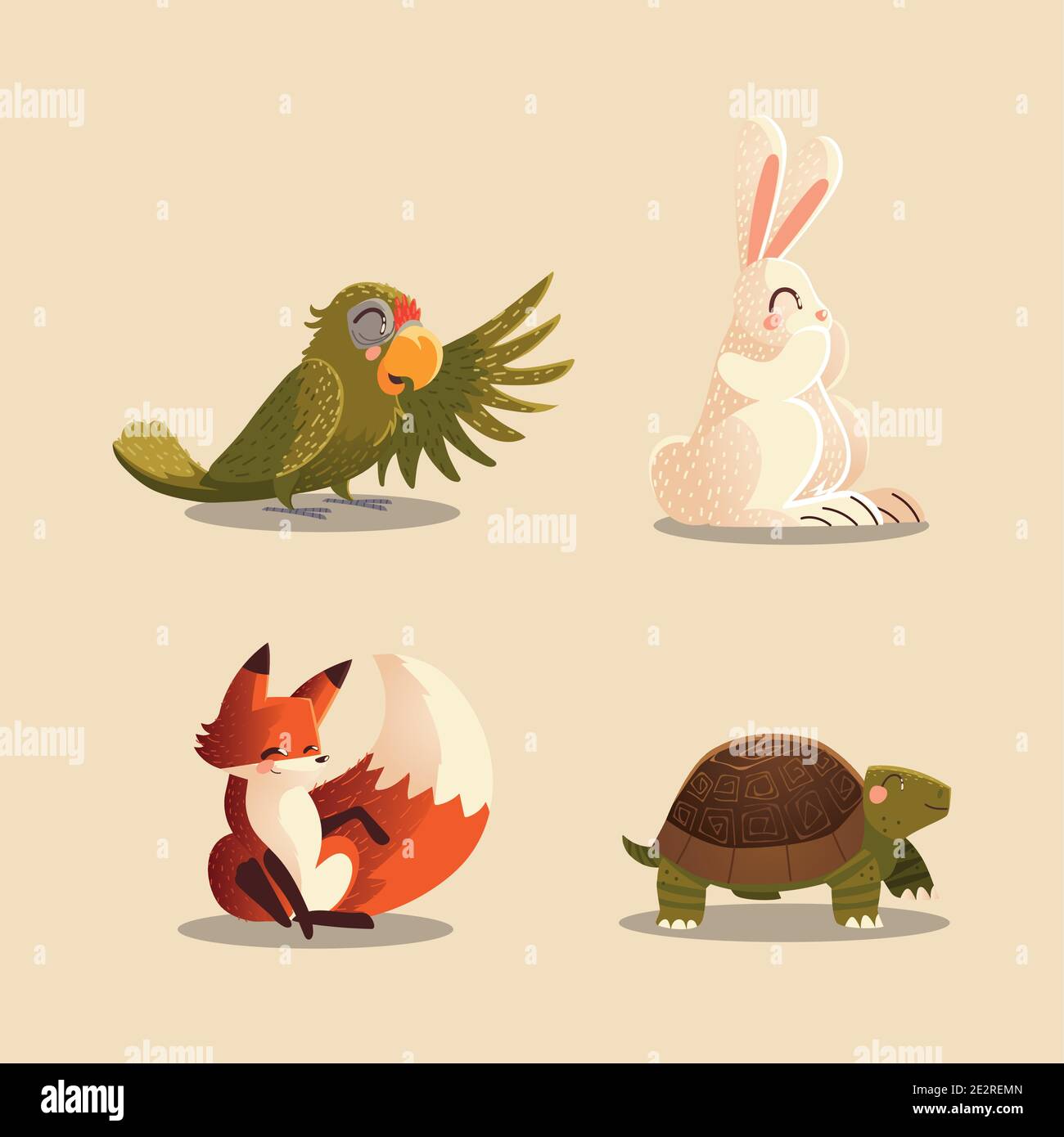 cartoon animals parrot rabbit fox and turtle wildlife vector ...