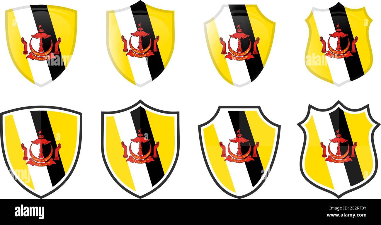 Vertical Brunei flag in shield shape, four 3d and simple versions. Stock Vector