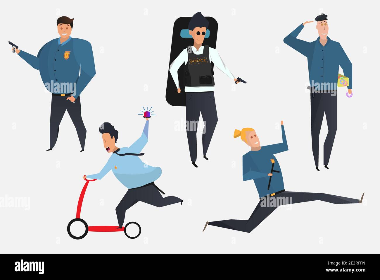 Funny cops with a baton, a scooter, with doughnuts Stock Vector