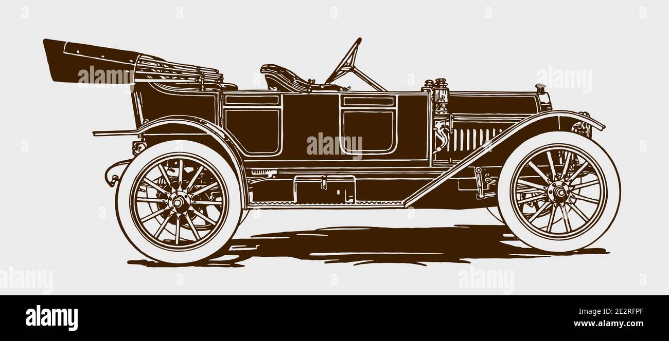 Antique touring car with retracted roof. Illustration after an engraving from the early 20th century Stock Vector