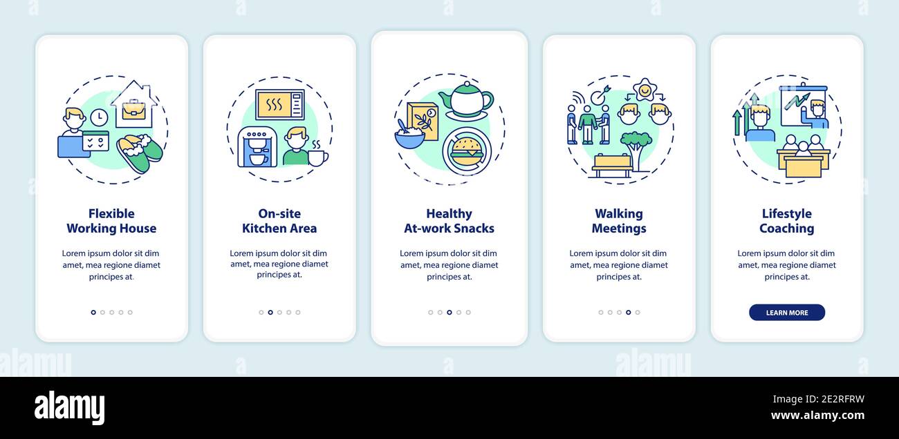 Workplace wellness examples onboarding mobile app page screen with concepts Stock Vector