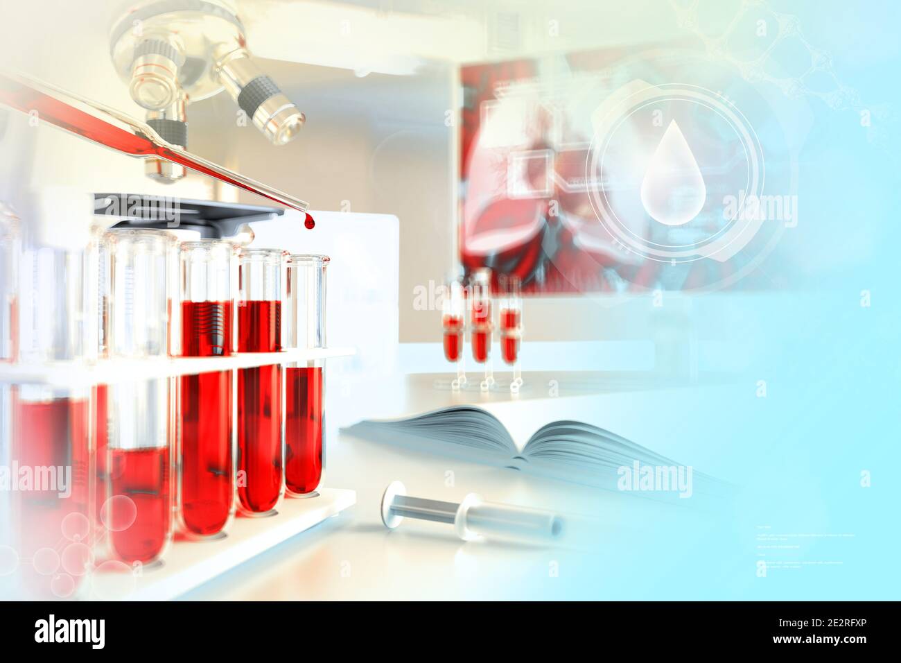 Medical 3D illustration, test tubes vials in university clinic blood