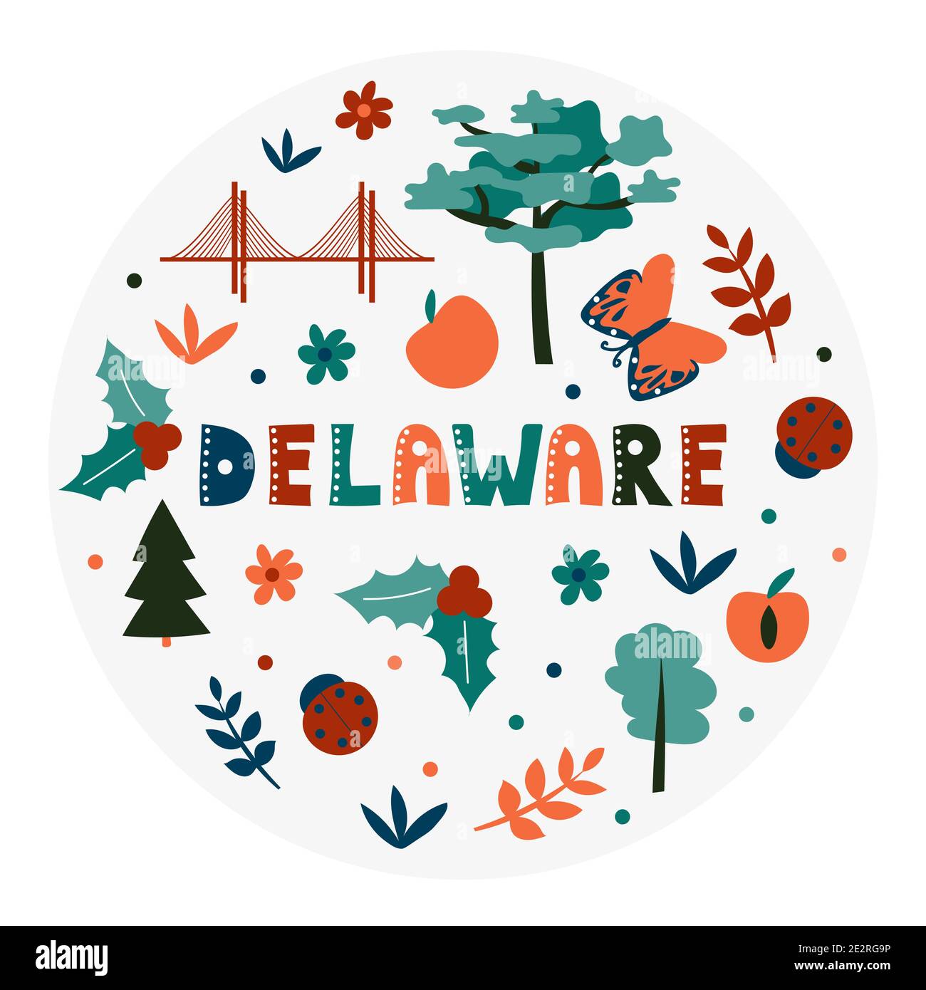 USA collection. Vector illustration of Delaware theme. State Symbols - round shape Stock Vector