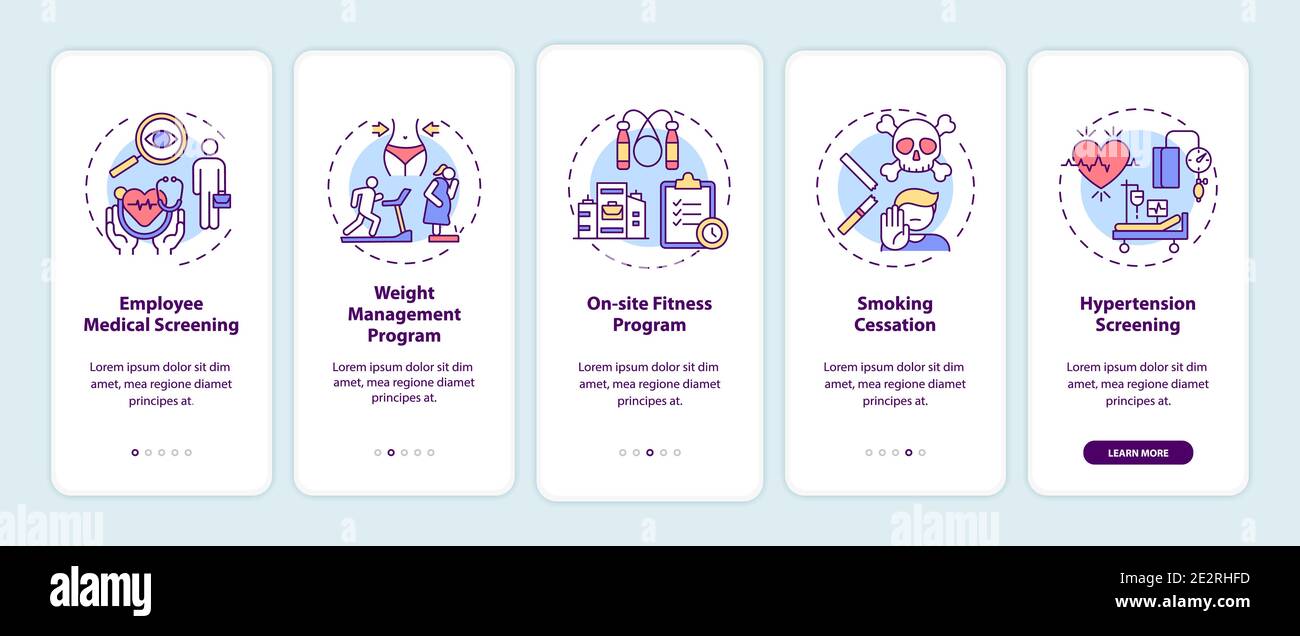 Top workplace wellness programs onboarding mobile app page screen with concepts Stock Vector