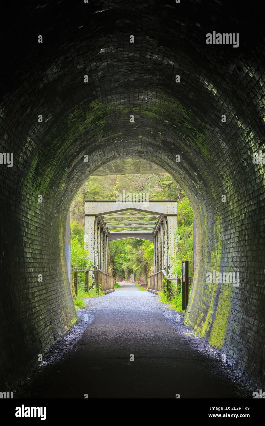 The view from inside a dark old brick rail tunnel, looking out on a bridge and forest. Karangahake Gorge, New Zealand Stock Photo