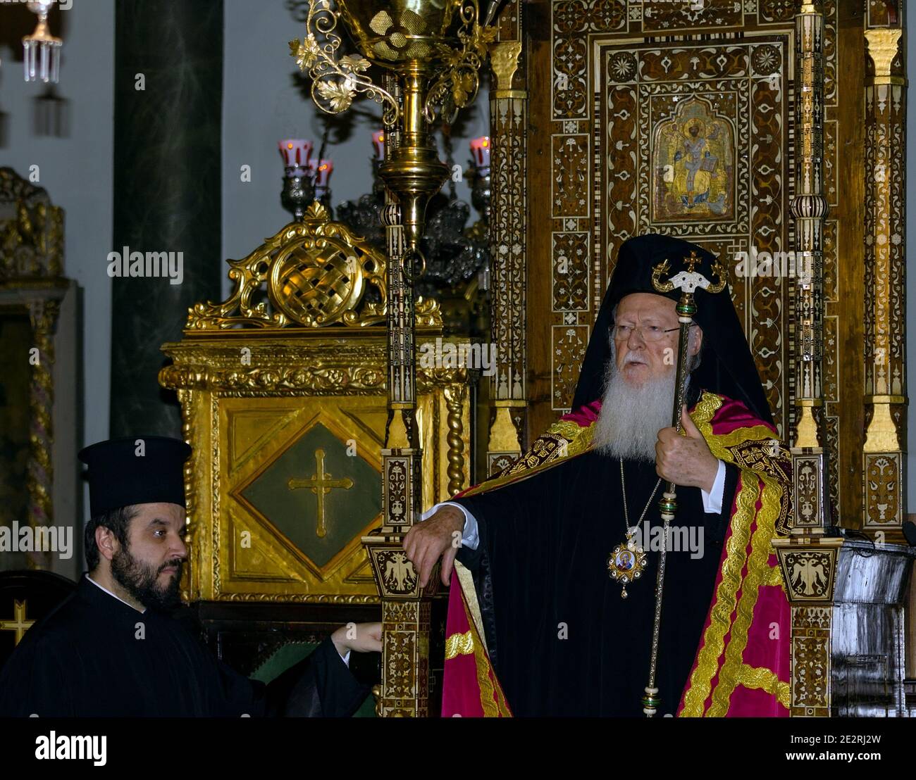 ISTANBUL, TURKEY - DECEMBER 30, 2012: Patriarch Bartholomew I, Ecumenical Patriarch of Constantinople, attends the liturgy in the Patriarchal Church. Stock Photo