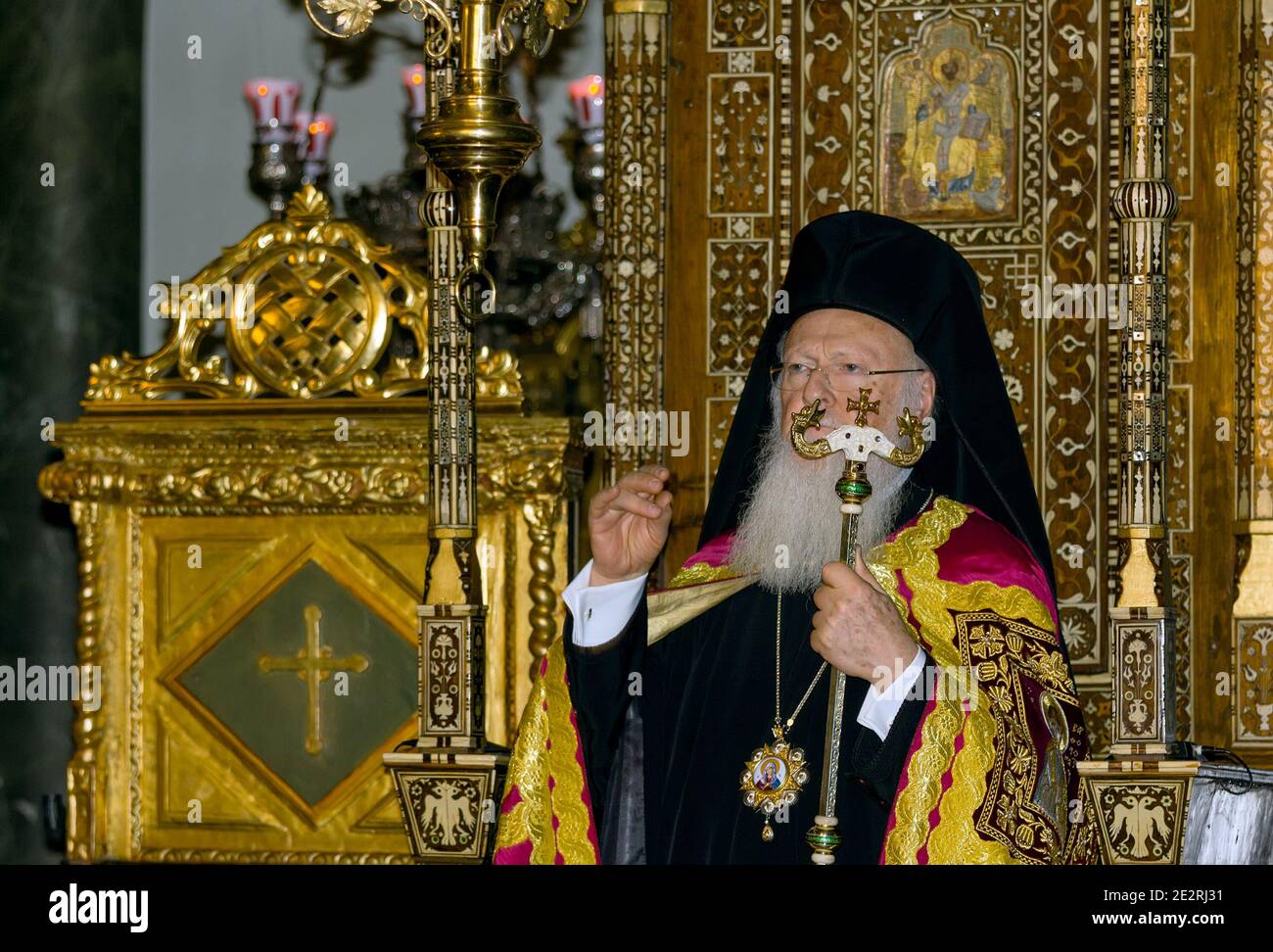 Patriarch Bartholomew I, attends the liturgy in the Patriarchal Church of St. George on December 30, 2012 in Istanbul, Turkey. Stock Photo
