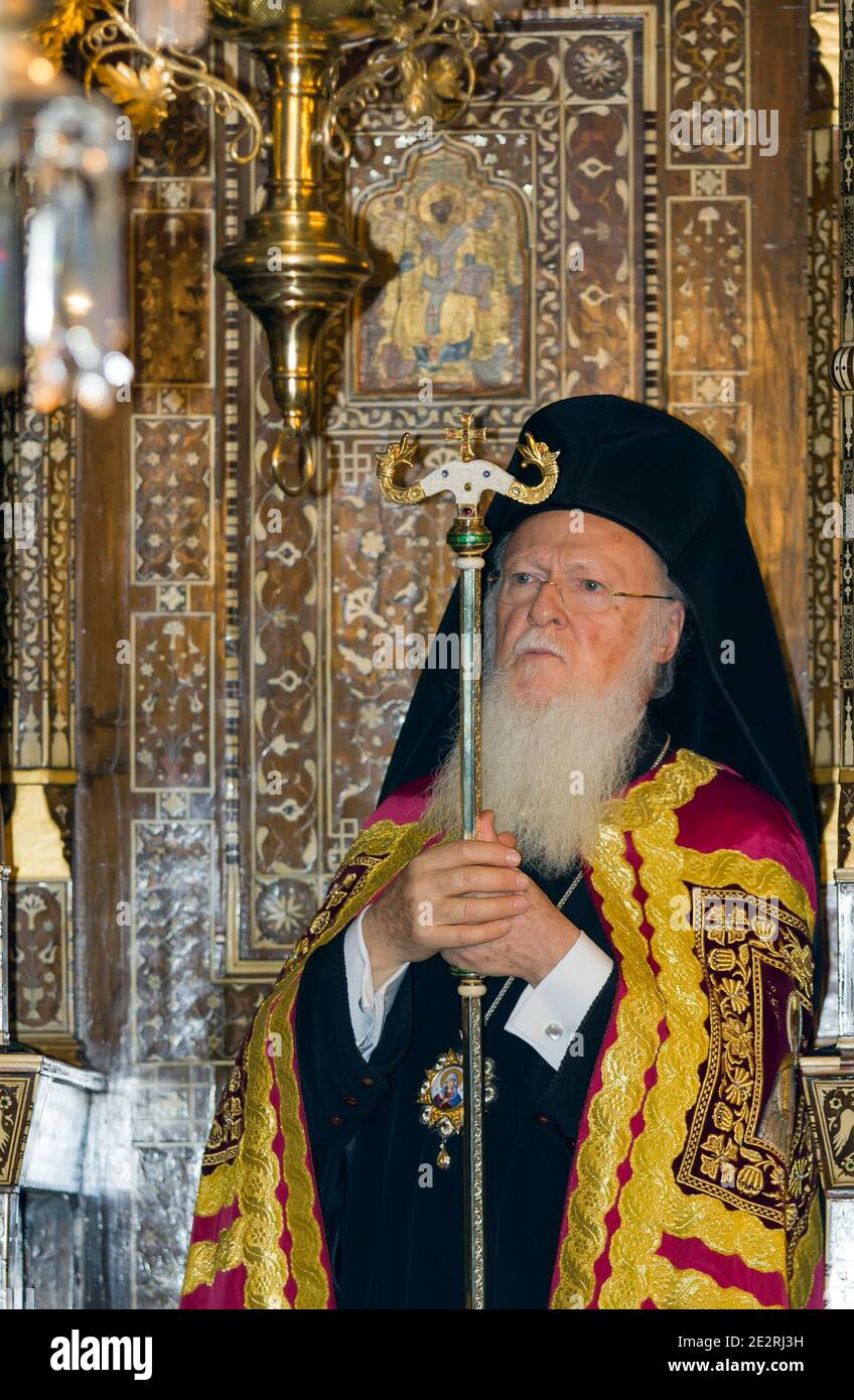 ISTANBUL, TURKEY - DECEMBER 30, 2012: Patriarch Bartholomew I, Ecumenical Patriarch of Constantinople, attends the liturgy in the Patriarchal Church. Stock Photo