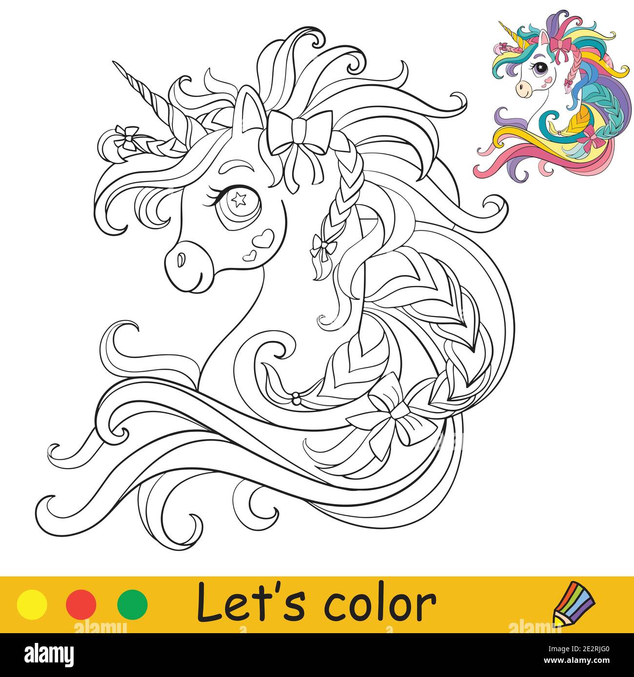 Cute unicorn head with long mane and ribbons. Coloring book page ...