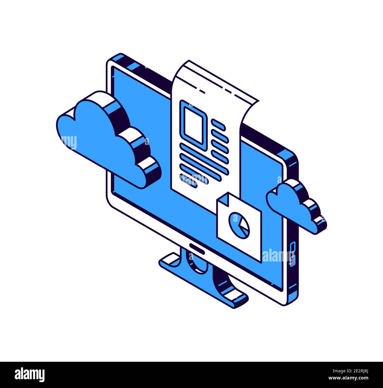 Computer monitor, virtual cloud and documents with information, isometric vector icons Stock Vector