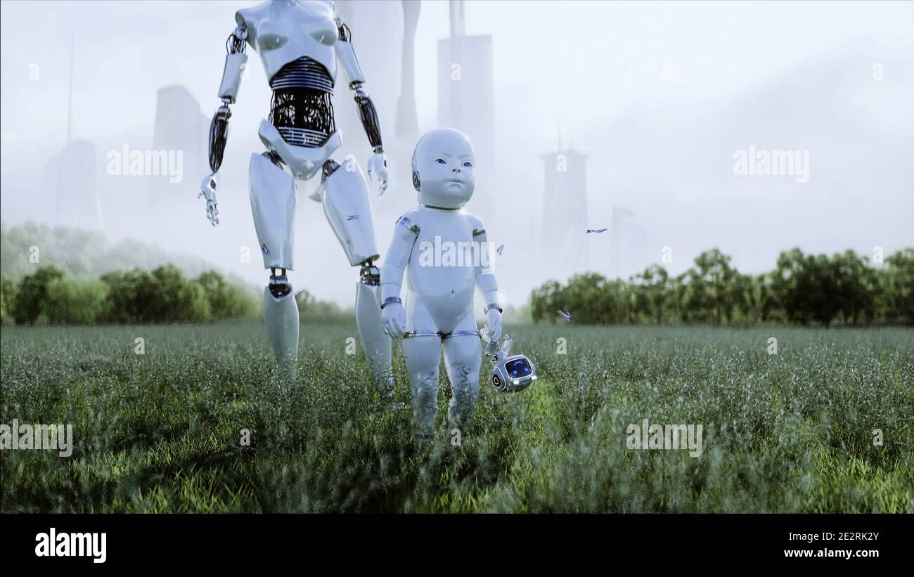 mother robot with her baby robot in the meadow on the background of a  futuristic city. Family of the future. Robofamily. 3d rendering Stock Photo  - Alamy