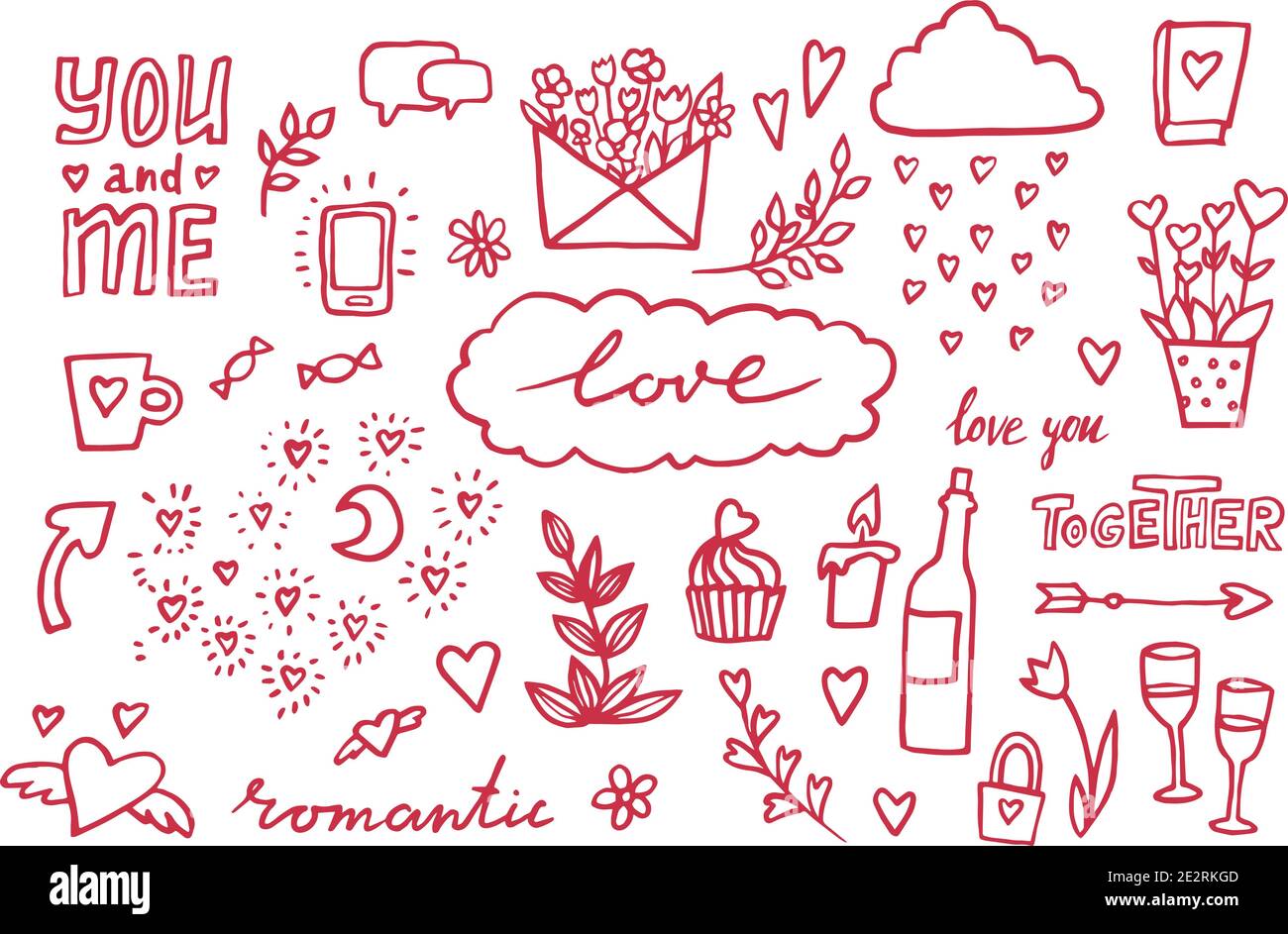 hand drawn romantic set of design elements. Vector illustration. doodle ...