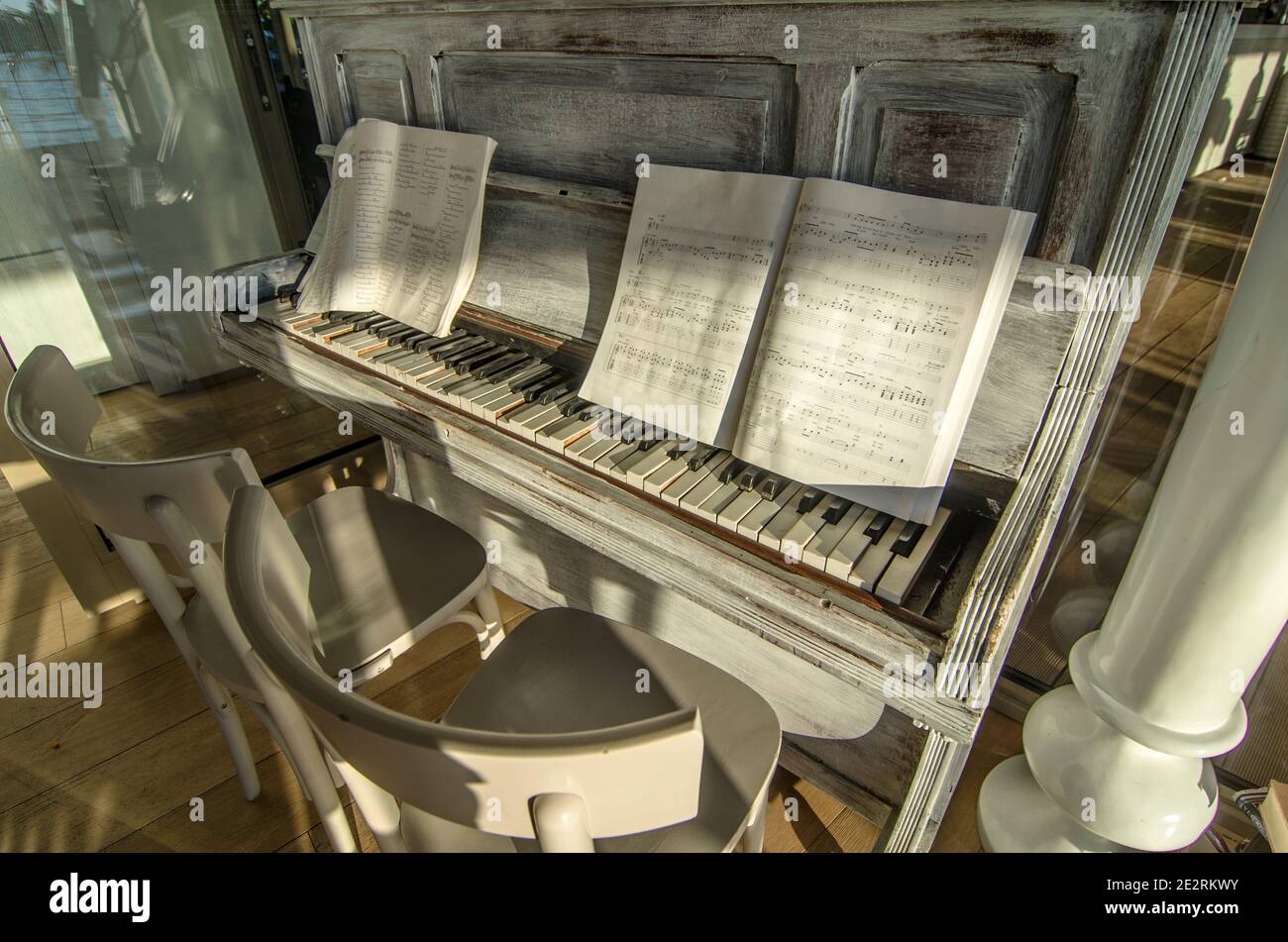 ebony and ivory keys of an old piano ready to play your music Stock
