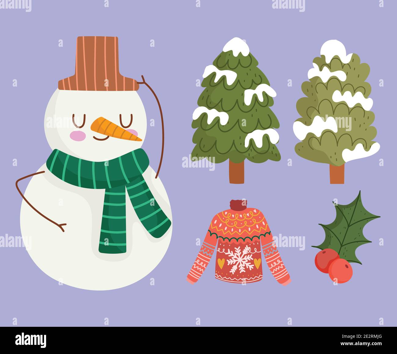 winter snowman trees sweater and holly berry icons set cartoon vector ...