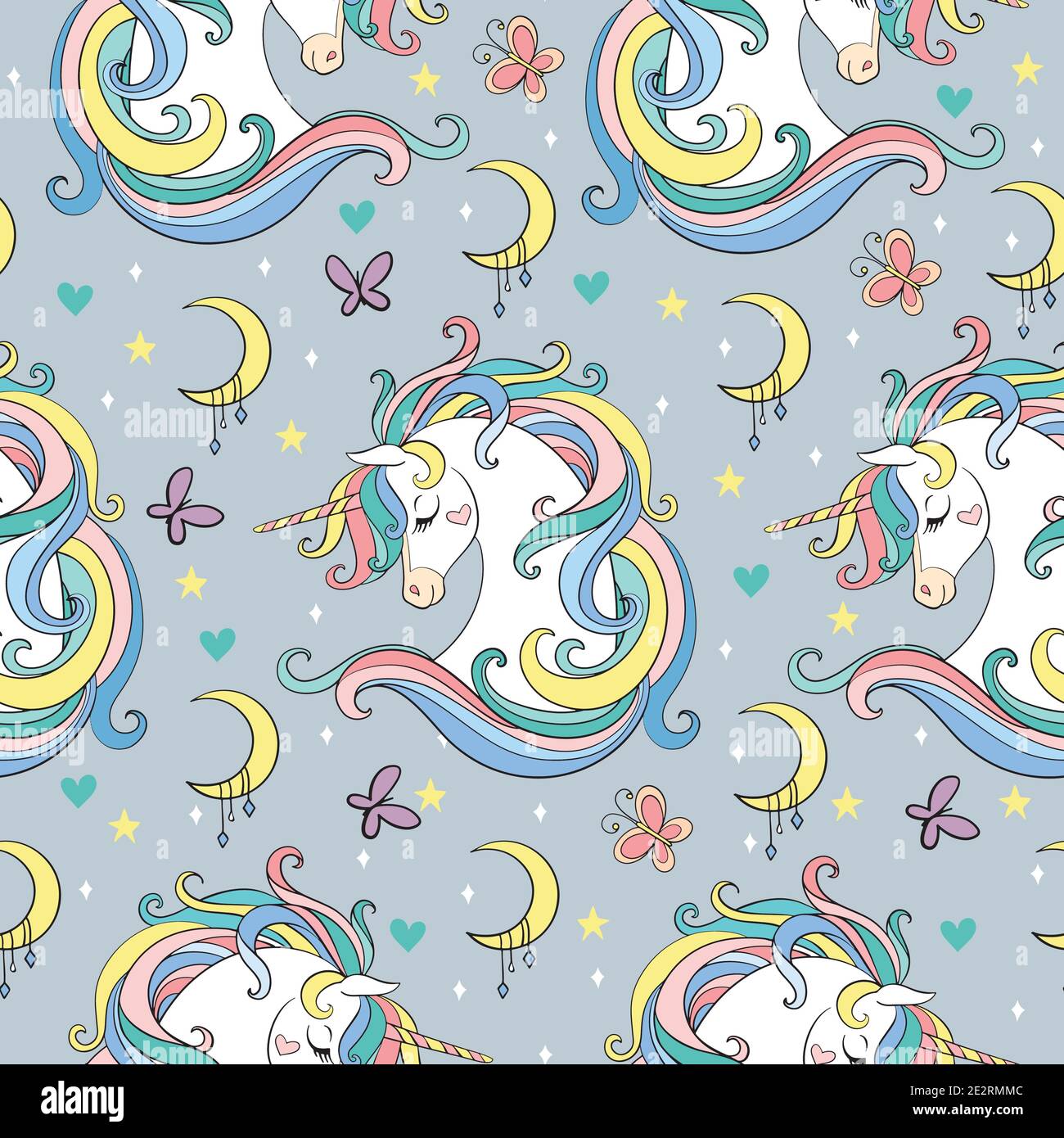 Magic seamless pattern with unicorn with rainbow mane, moon, stars and ...