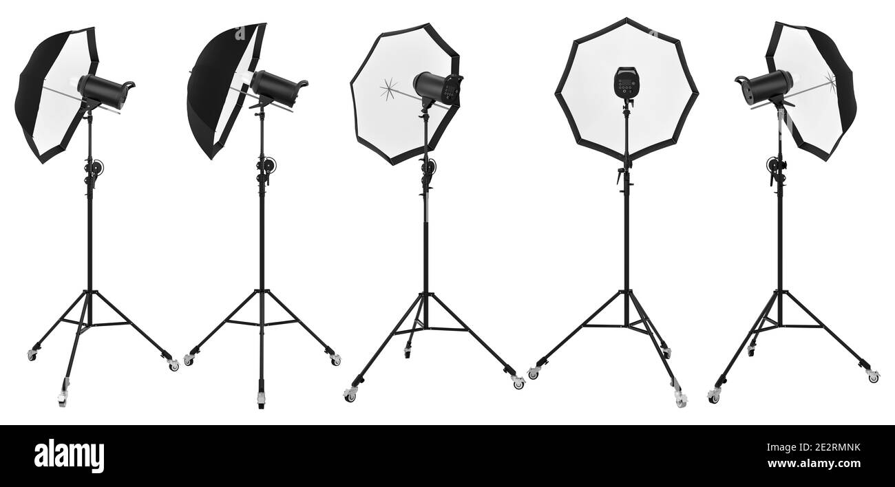 Photography studio lighting stand with flash and umbrella isolated on