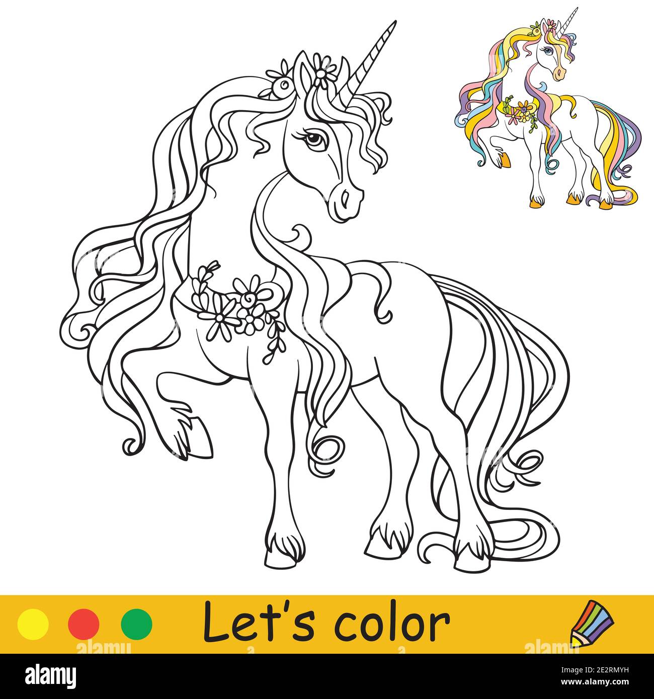 Cute elegant unicorn with flowers. Coloring book page with ...
