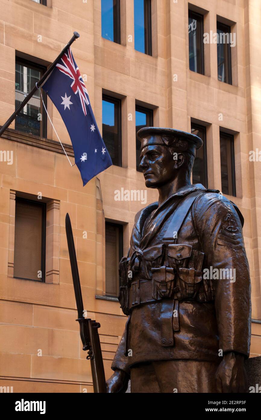 Sydney Australia, bronze statue of sailor on the The Cenotaph in Martin Place,  one of the oldest World War I monuments in city designed by Stock Photo