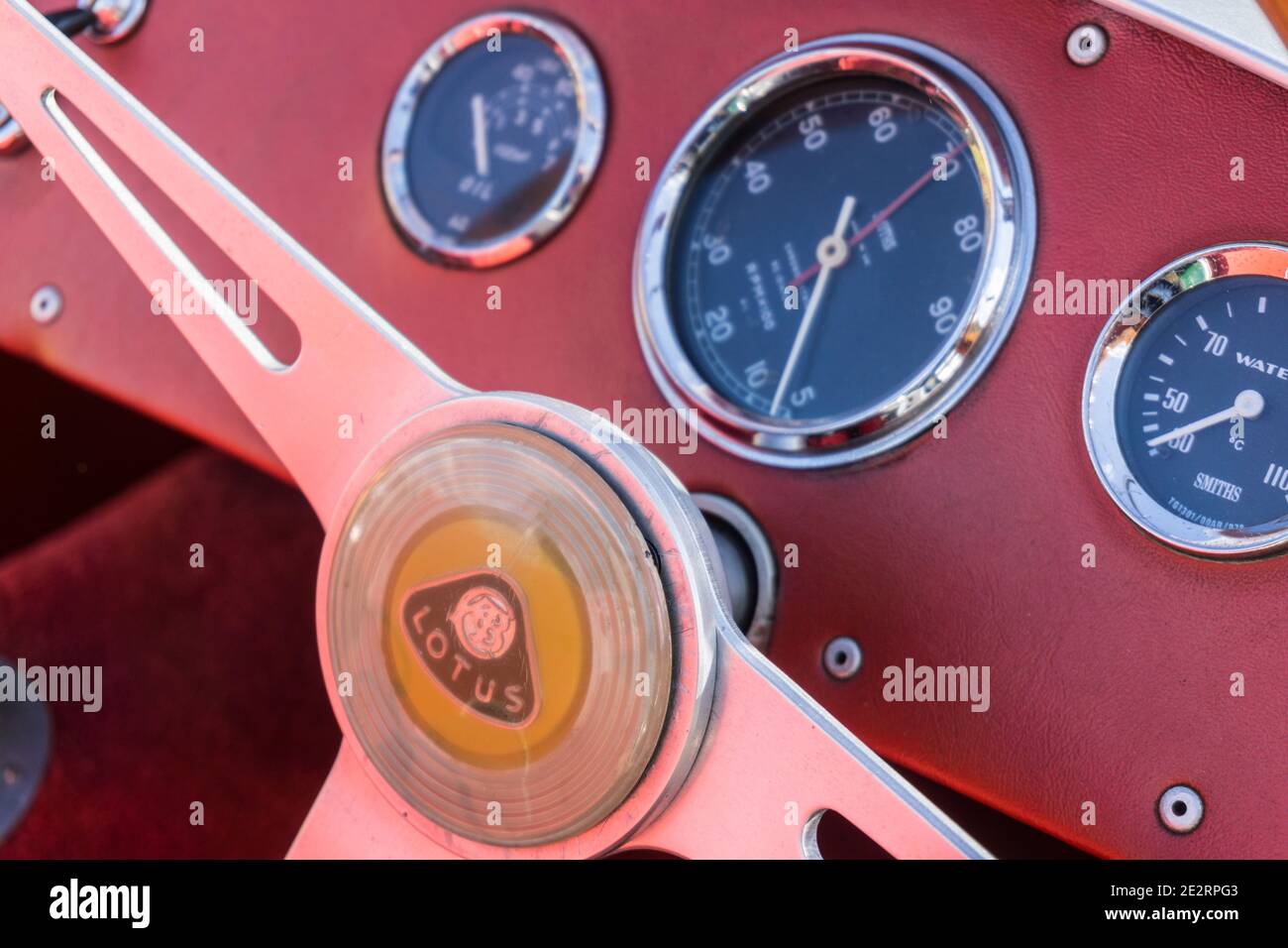 Close up detail of the steering wheel and dashboard of a British racing