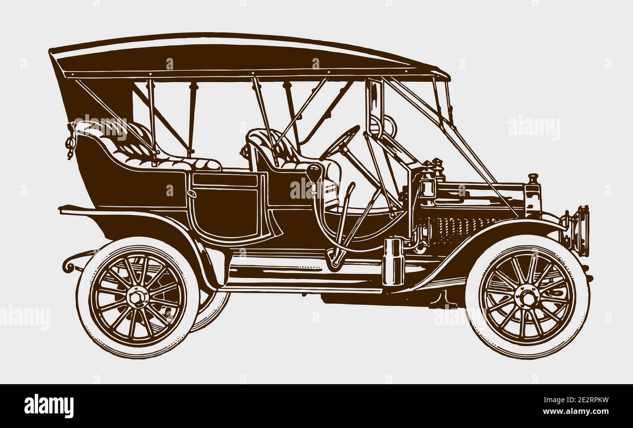 Antique tonneau car with closed roof. Illustration after an engraving from the early 20th century Stock Vector