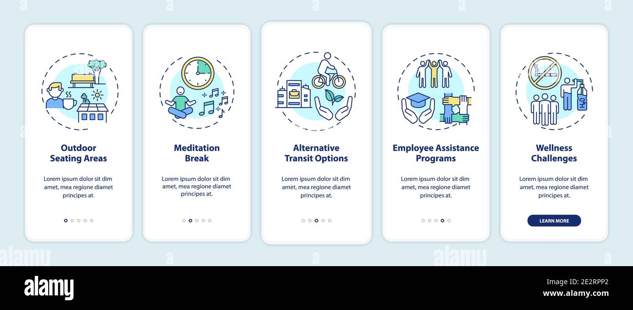Workplace wellness practices onboarding mobile app page screen with concepts Stock Vector