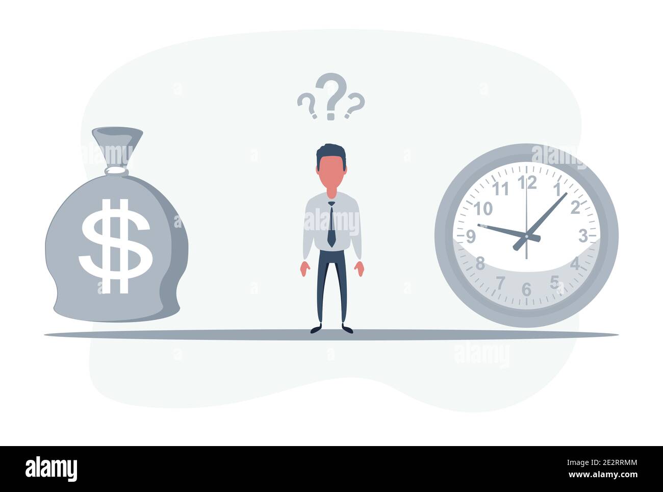 Businessman standing between clock and bag with dollar symbol and balancing money and time. Stock Vector