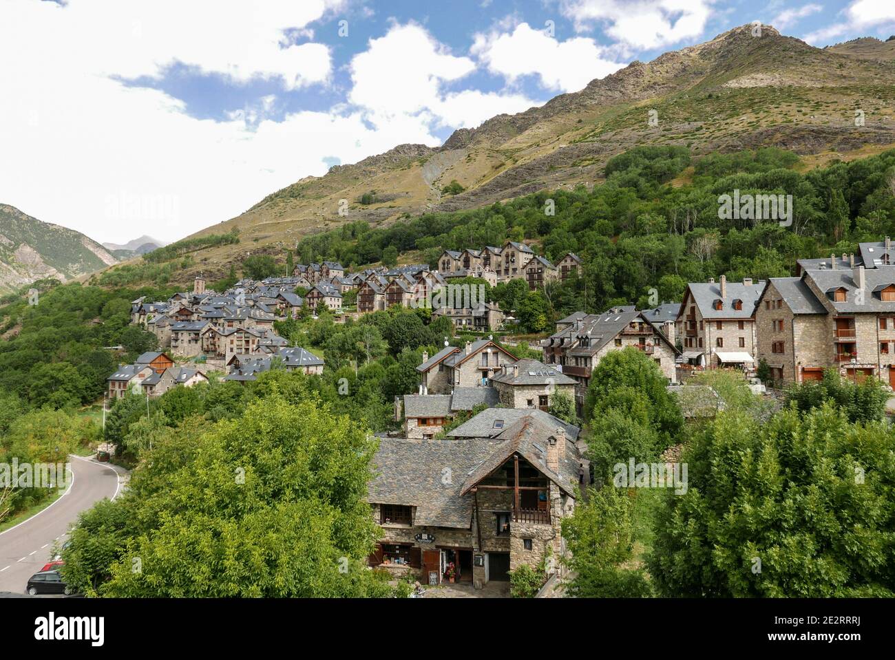 Spain; Catalonia; Province of Lleida: the village at the bottom of the Pyrenean ski resort of Boi-Taull viewed from the steeple of the Church of Sant Stock Photo