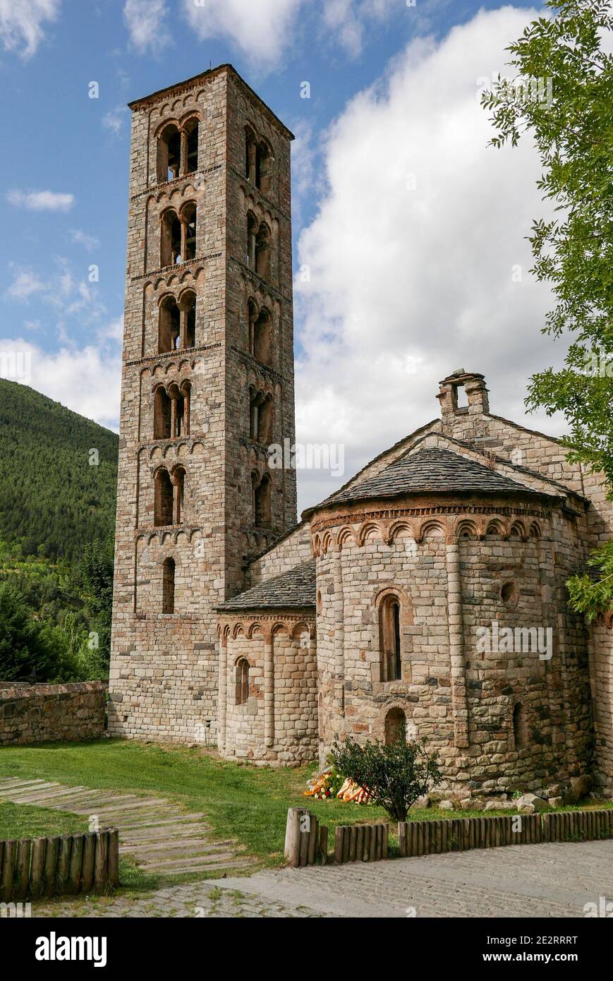 Spain, Catalonia. Village of TaŸll in the Vall de Boi valley. Outer view of the Romanesque Church of Sant Climent de TaŸll, registered as a UNESCO Wor Stock Photo