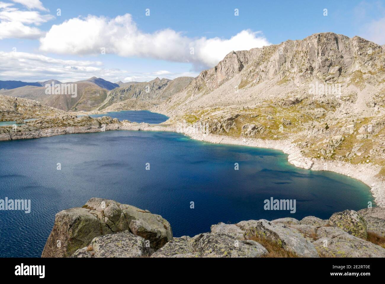 Spain, Catalonia: Vall Fosca. Aoguestortes y Sant Maurici National Park. Overview of the Estany de Mar located at an altitude of 2450m, in the lake ar Stock Photo