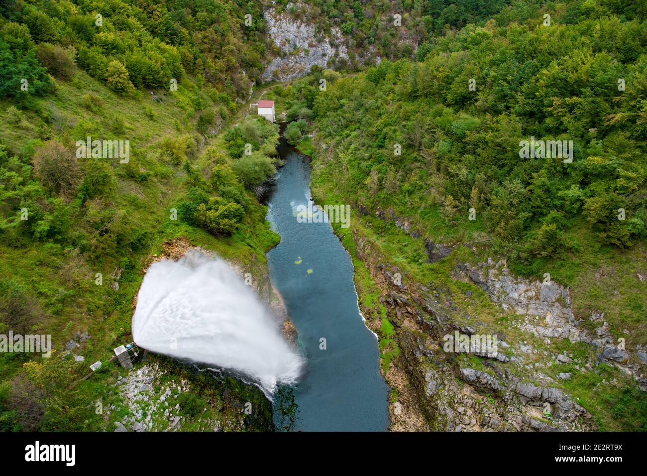 Discharge of water over the dam from Sjenica Lake Uvac into the Vapa River Stock Photo