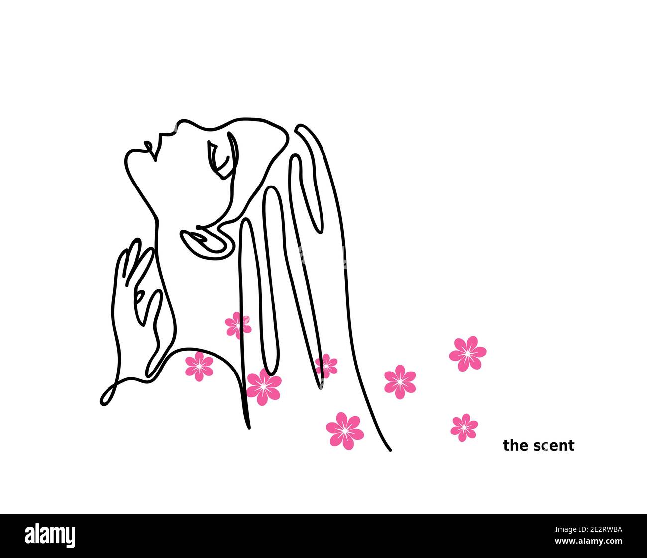 Scent, flavor, Eau de Toilette promotional vector banner. Woman, girl profile, contour. Flower scent.One continuous line drawing Stock Vector