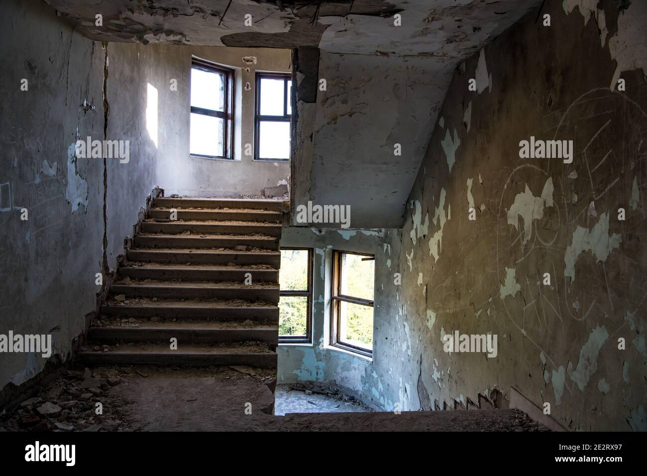 Interior of abandoned hotel on the Tara mountain, near Lake Jarevac, on Račvanska Šljivovica. It was built in 1936, as a sanatorium for lung diseases Stock Photo