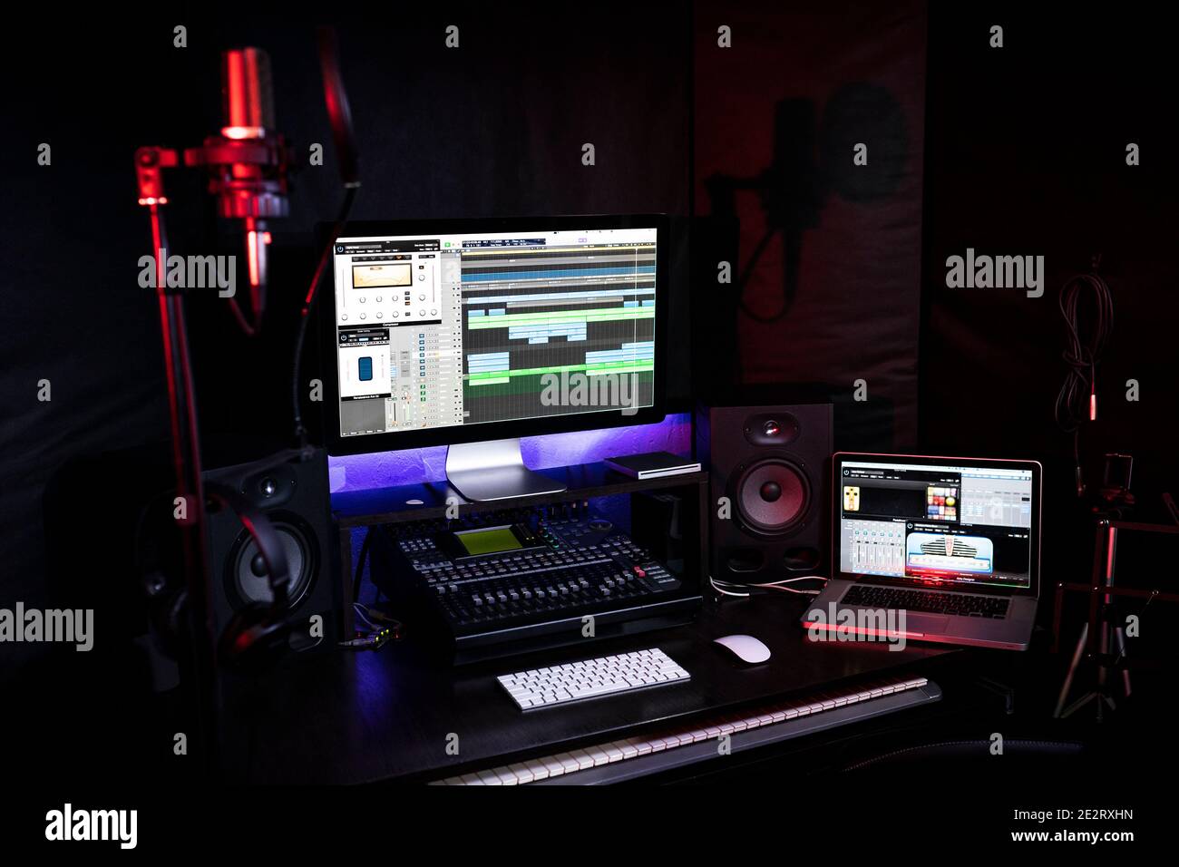 The workplace in the recording studio with computer, mixer and volume