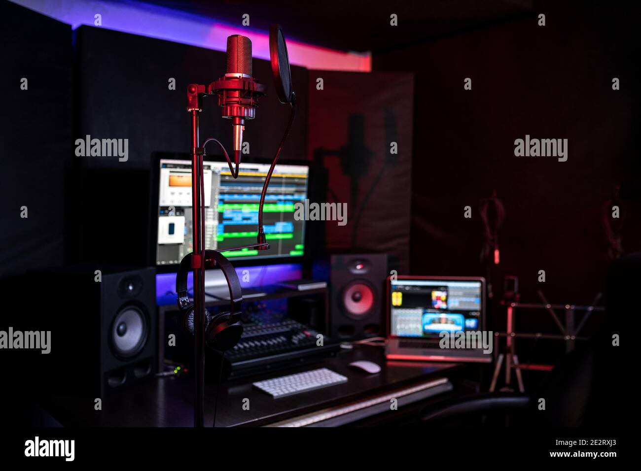 Creating a brand-new songs and tracks for DJ, compositor, radio. Record  studio with microphone, recording program, keyboard, broadcast Stock Photo  - Alamy