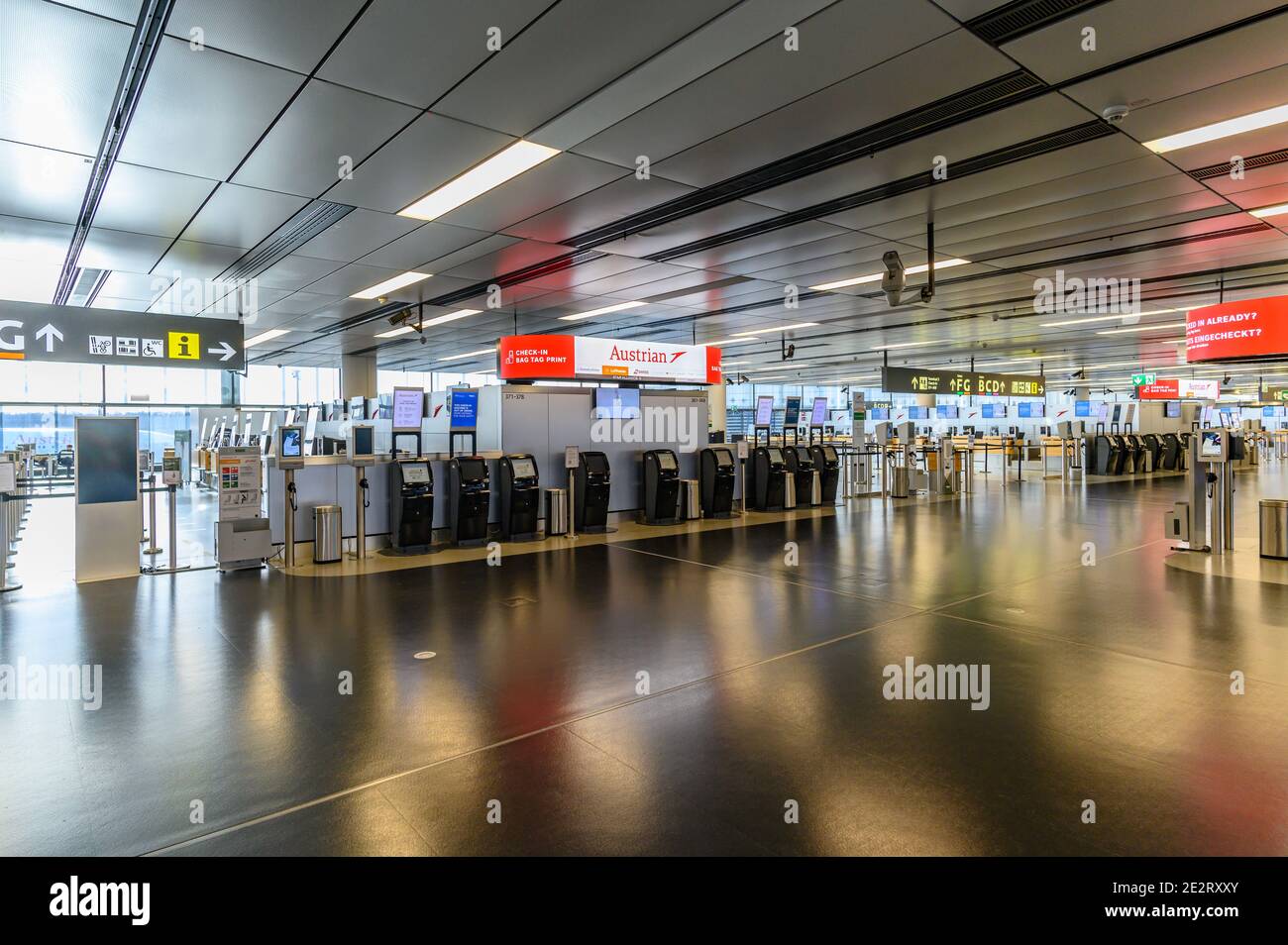 schwechat, austria, 13 jan 2021, empty terminal at the vienna international airport during the covid-19 lockdown Stock Photo